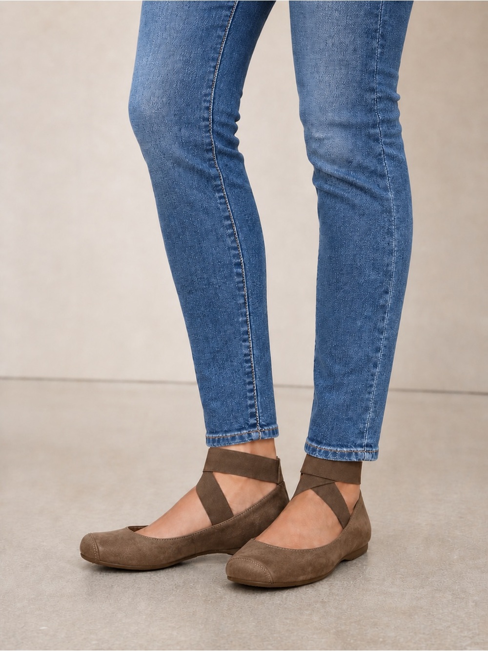 Women's Taupe Suede Ballet Flats with Ankle Straps